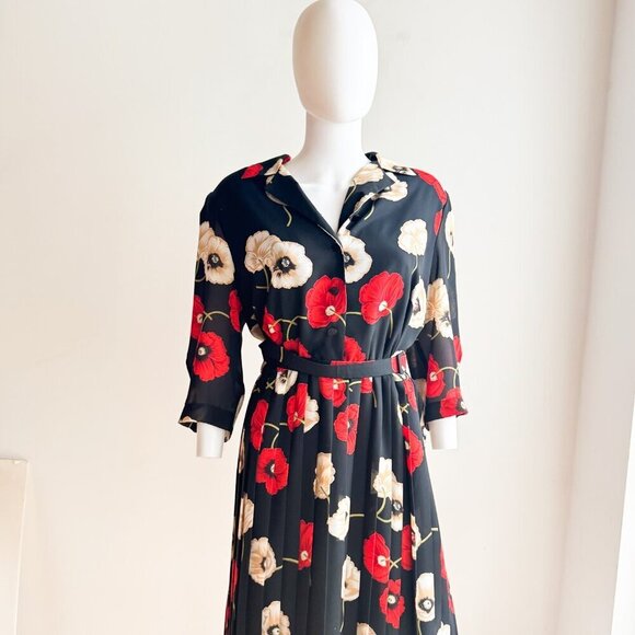Vintage Allaird s Black Red Ivory Floral Belted Pleated Midi Dress M - Picture 2 of 11